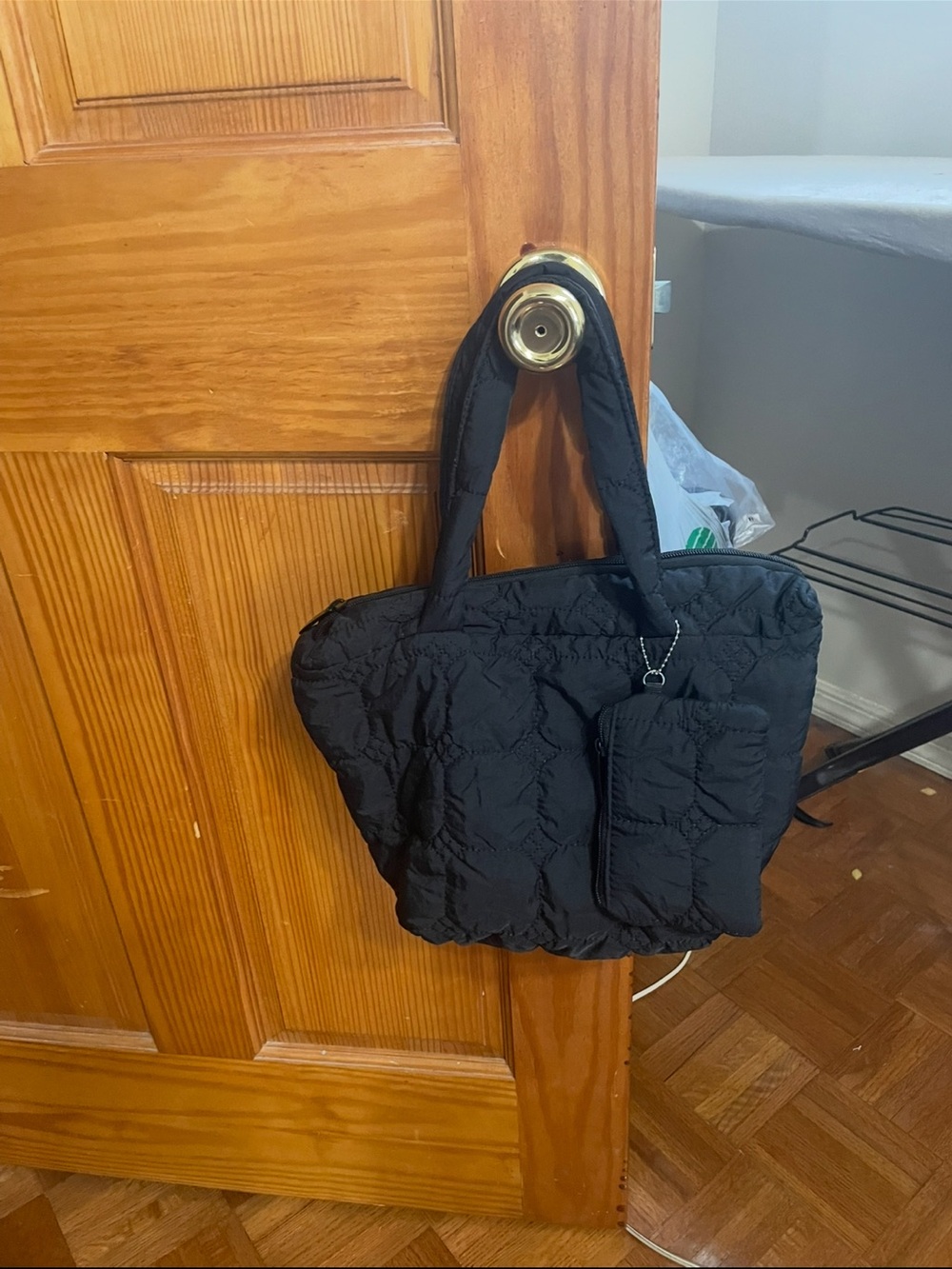 Black Quilted Tote Bag with Detachable Pouch - Women